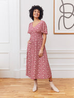 Maddie Short Sleeve Dress - Maroon Leaf Print