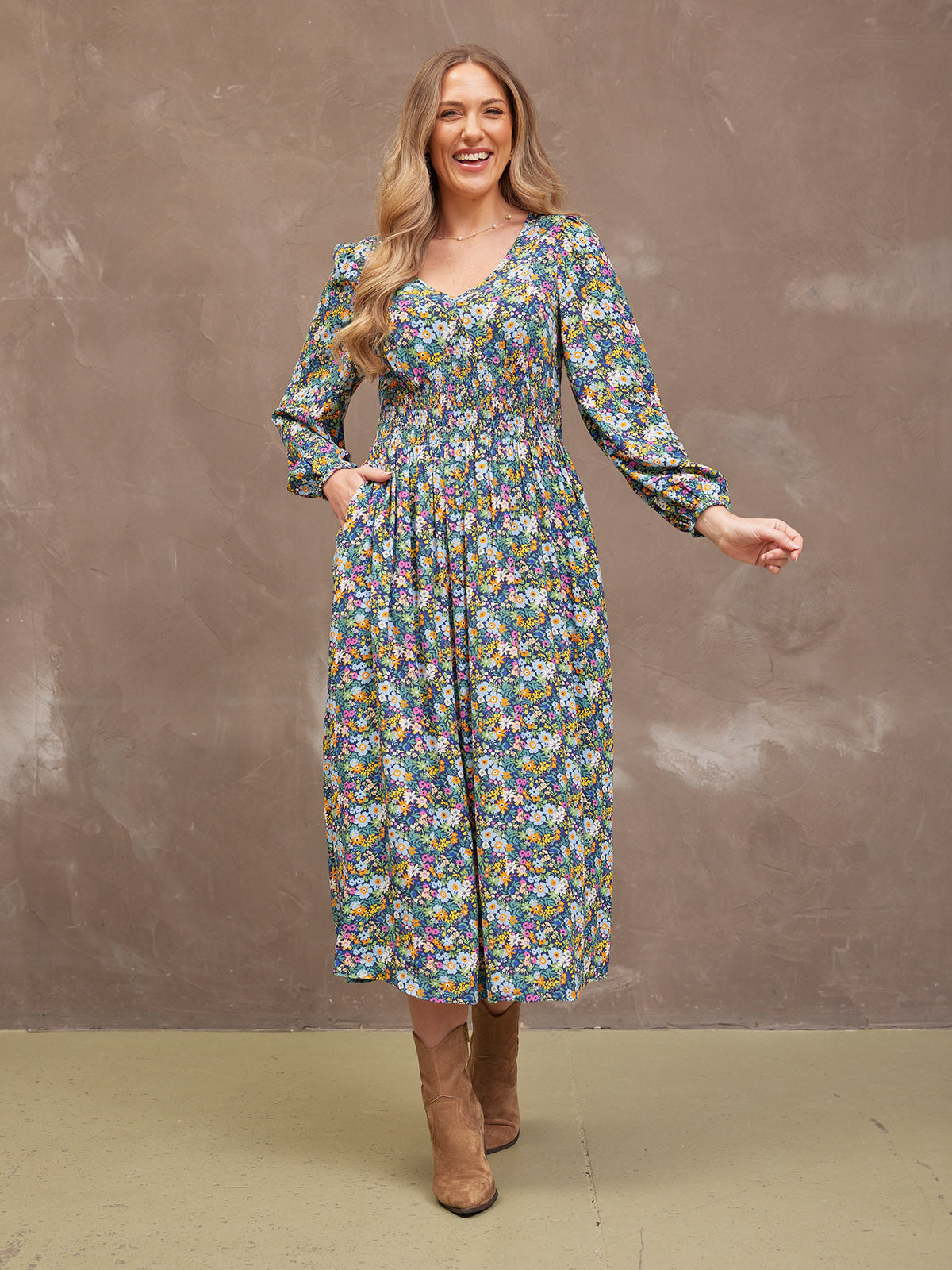 Maddie V-Neck Dress - Multi Coloured Floral