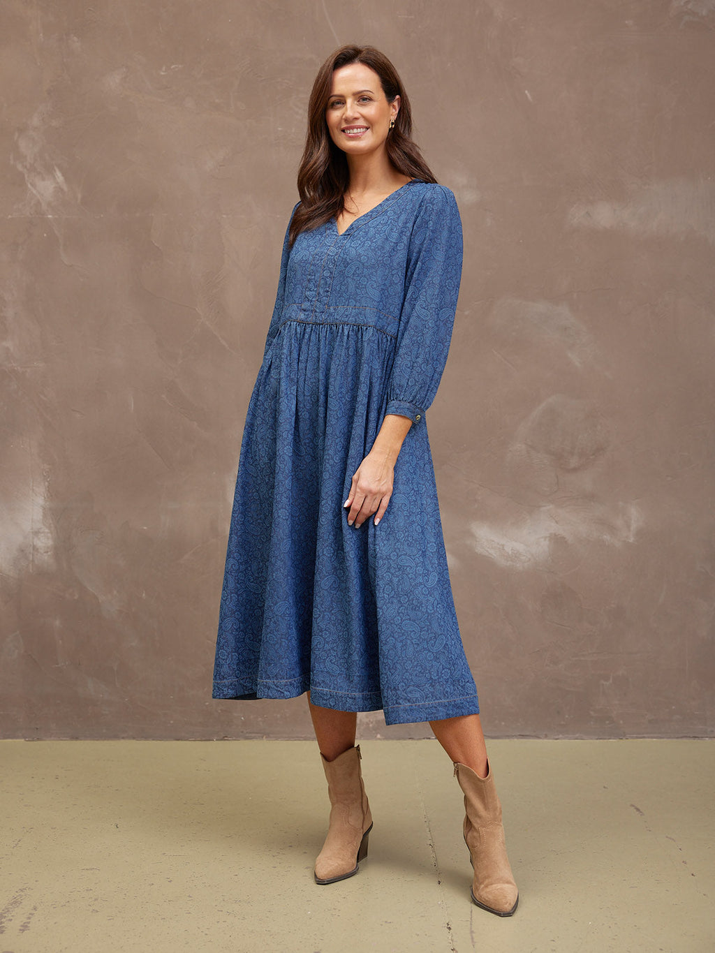 Jessica V-Neck Denim Dress - Printed Paisley