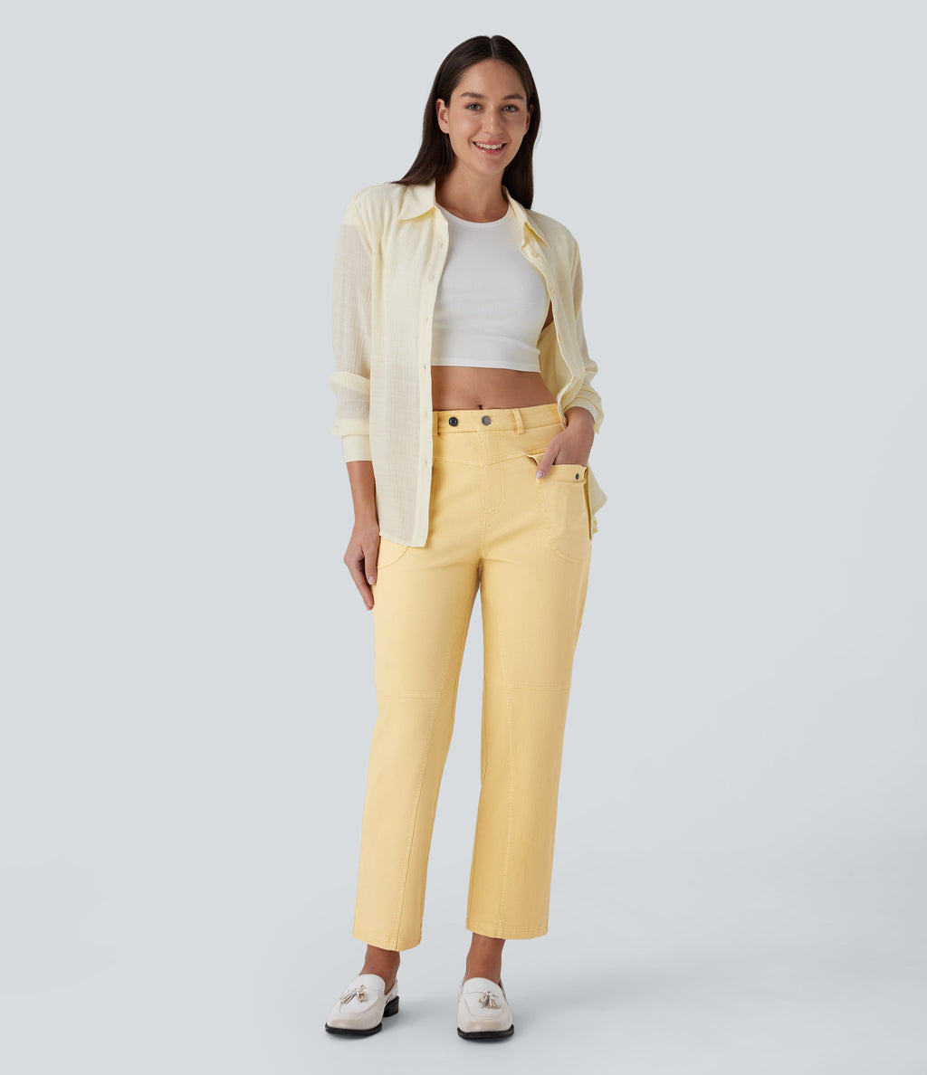 Mid Rise Straight Leg Cargo Casual Cotton Pants with Pockets