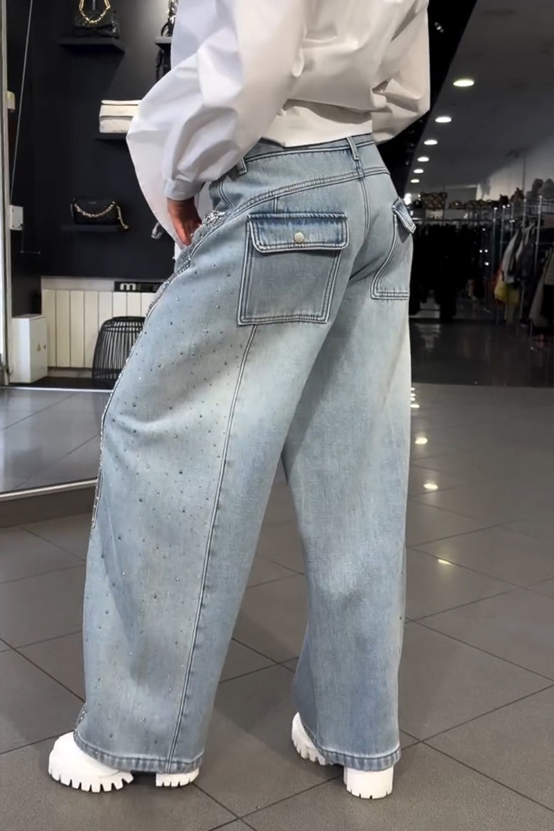 Women's Fashion Gradient Rhinestone Loose Jeans