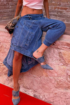 Women Wrap Tie Waist Irregular Patchwork Denim Cropped Jogger Jeans Asymmetric Split Baggy Capri