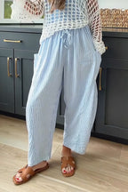 Women Drawstring Vertical Stripe Casual Linen Pants