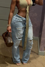 Women Washed Ripped Casual Wide Leg Jeans