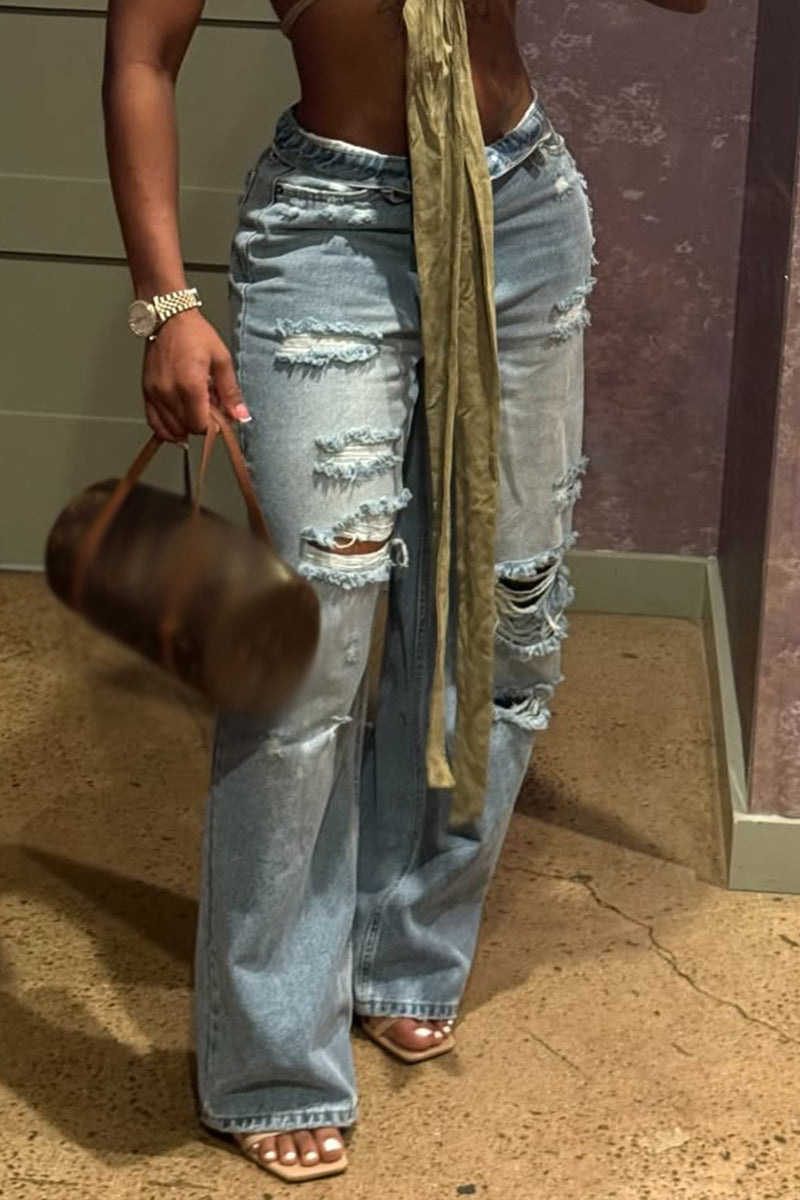 Women Washed Ripped Casual Wide Leg Jeans