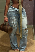 Women Washed Ripped Casual Wide Leg Jeans