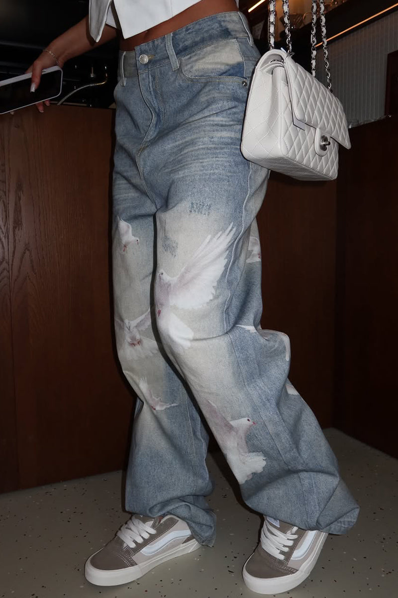 Women Washed White Dove Print Scratch Casual Denim Wide Leg Pants