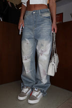 Women Washed White Dove Print Scratch Casual Denim Wide Leg Pants