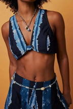 Women's Tie Dye Striped Sleeveless V Neck Knot Front Crop Bra Top Or High Waist Wide Leg Palazzo Pants