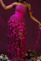 Women's Magenta Rhinestone Beaded Corset Fringe Tassel Layered Floral Club Formal Mini Dress