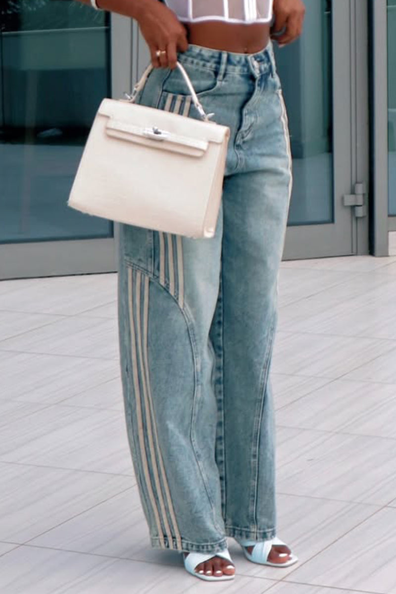 Women Vertical Stitching Washed Casual Wide Leg Jeans