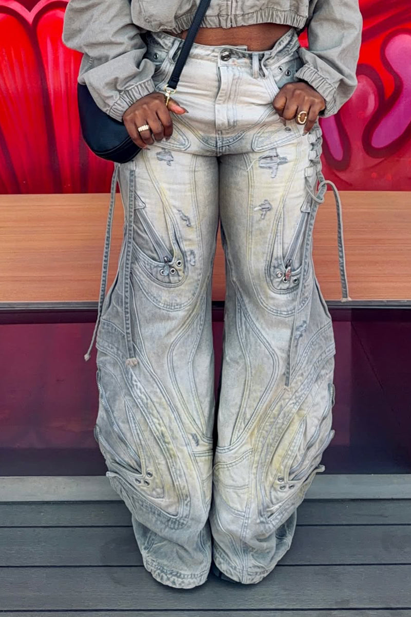 Women Wide-Leg Denim Casual Pants with Heavy-Duty Wash Finish