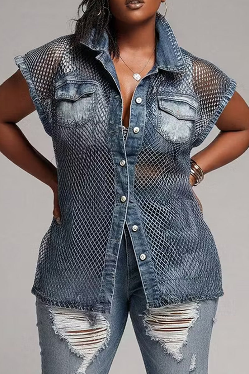 Women Casual Mesh Splice Washed Denim Sleeveless Collared Button Down Shirt