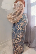 Women's Elegant Lace Up Embroidered Puff Sleeve Top Or Embroidered Wide Leg Jeans