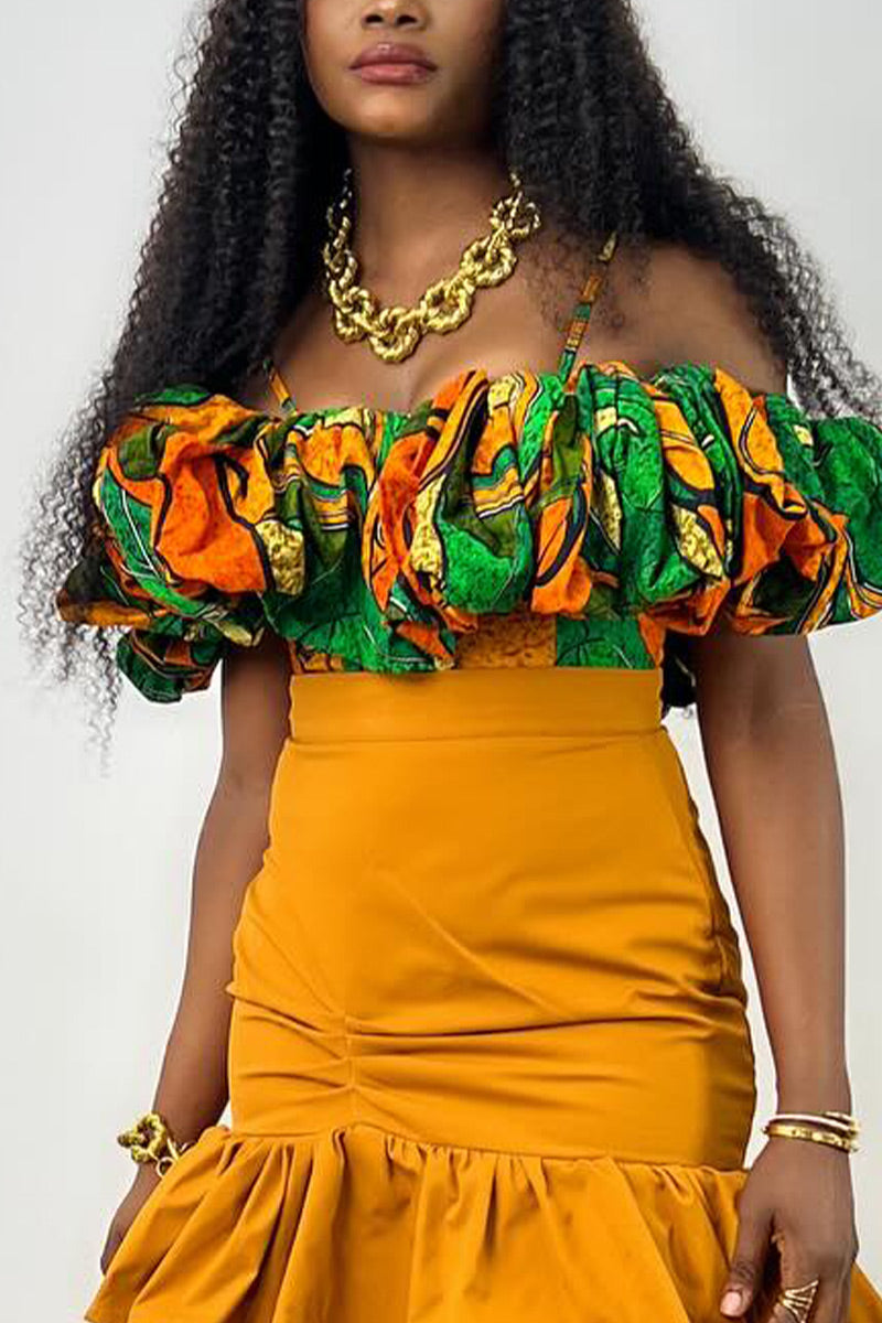 Women's Casual Abstract Curve Line Print Collared Half Sleeve Zip Up Cropped Jacket Or High Waist Side Ruched Drawstring Irregular Flowy Maxi Skirt