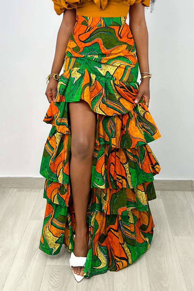 Women's Casual Abstract Curve Line Print Collared Half Sleeve Zip Up Cropped Jacket Or High Waist Side Ruched Drawstring Irregular Flowy Maxi Skirt