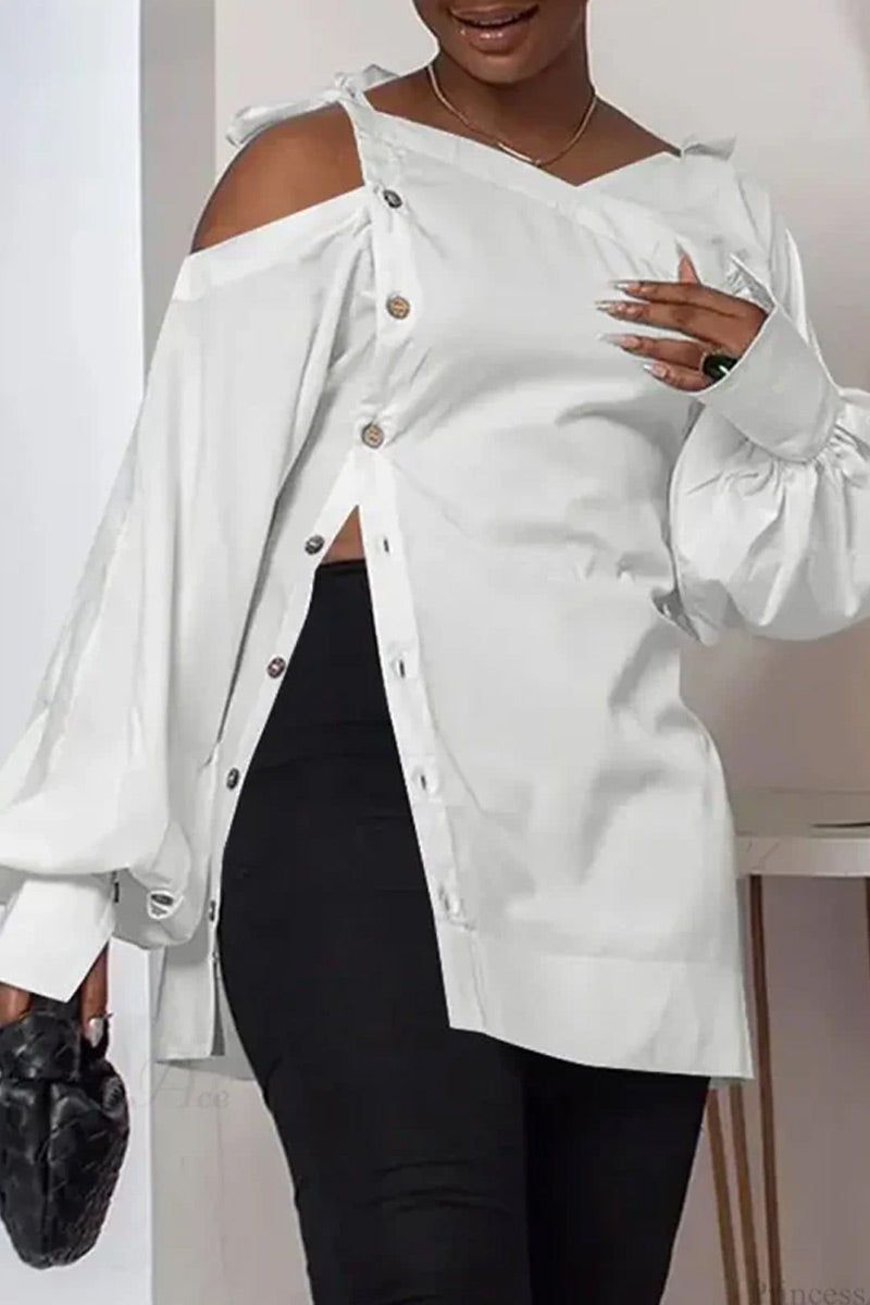 Women White Asym Cold Shoulder Tie Strap Puff Sleeve Side Split Button Tunic Shirt