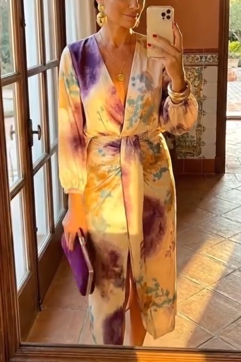 Women Deep V-neck Printed Waist Cinching Slit Elegant Casual Midi Dresses
