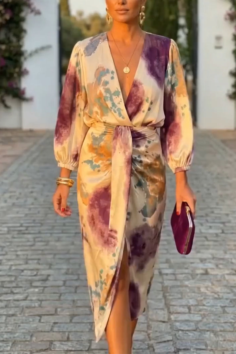 Women Deep V-neck Printed Waist Cinching Slit Elegant Casual Midi Dresses