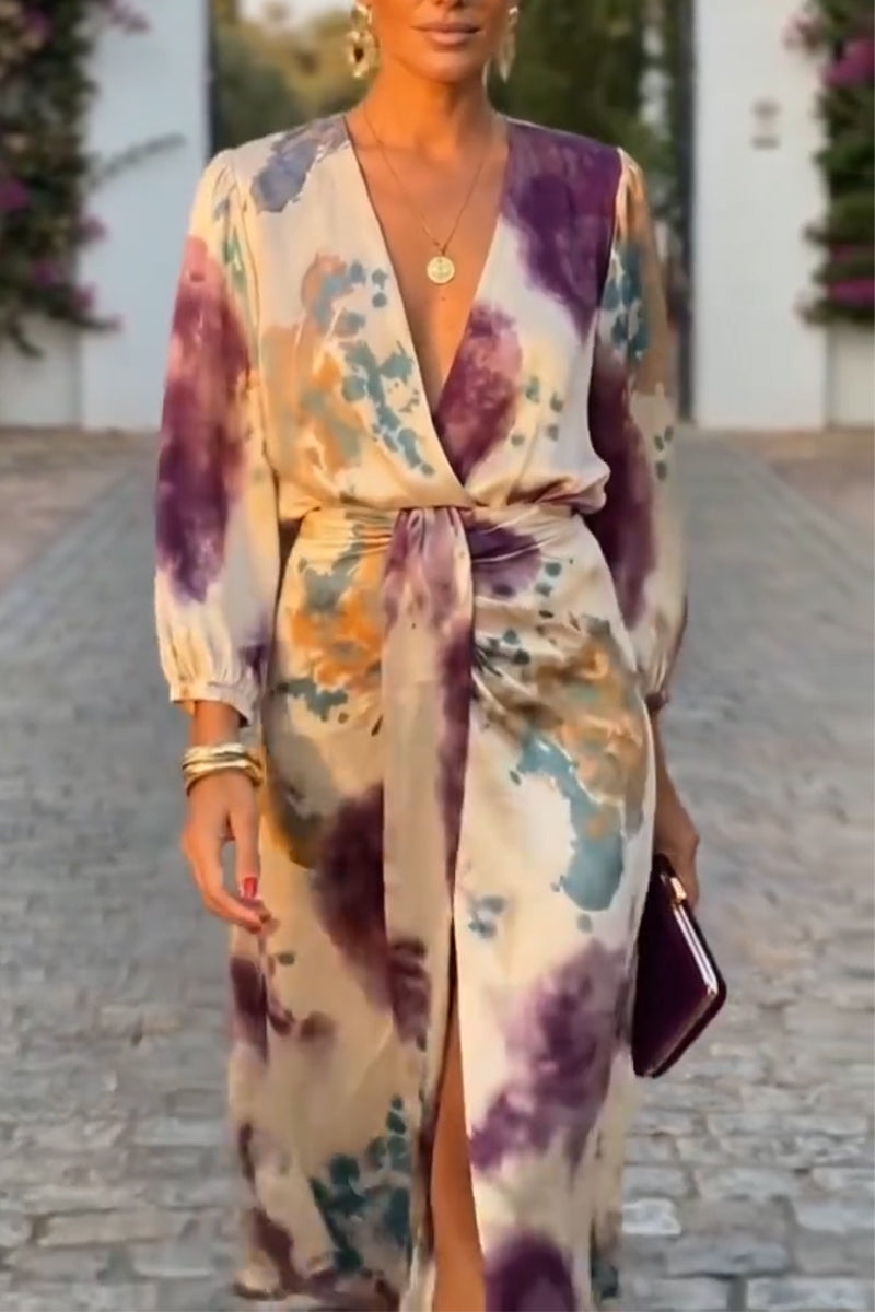 Women Deep V-neck Printed Waist Cinching Slit Elegant Casual Midi Dresses