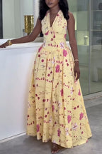 Women Deep V-neck Printed Waist Cinching Elegant Casual Maxi Dresses