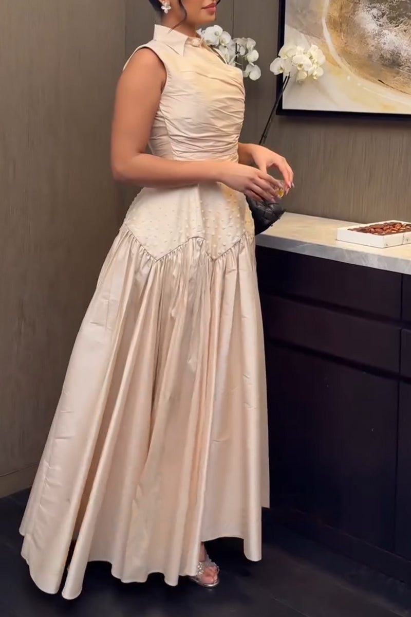 Women Collar Splicing Waist Cinching Elegant Temperament Maxi Dresses