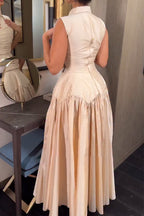 Women Collar Splicing Waist Cinching Elegant Temperament Maxi Dresses