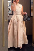 Women Collar Splicing Waist Cinching Elegant Temperament Maxi Dresses