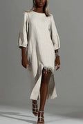 Women Round Neck Patchwork Tassel Irregular Elegant Casual Cotton and Linen Dress