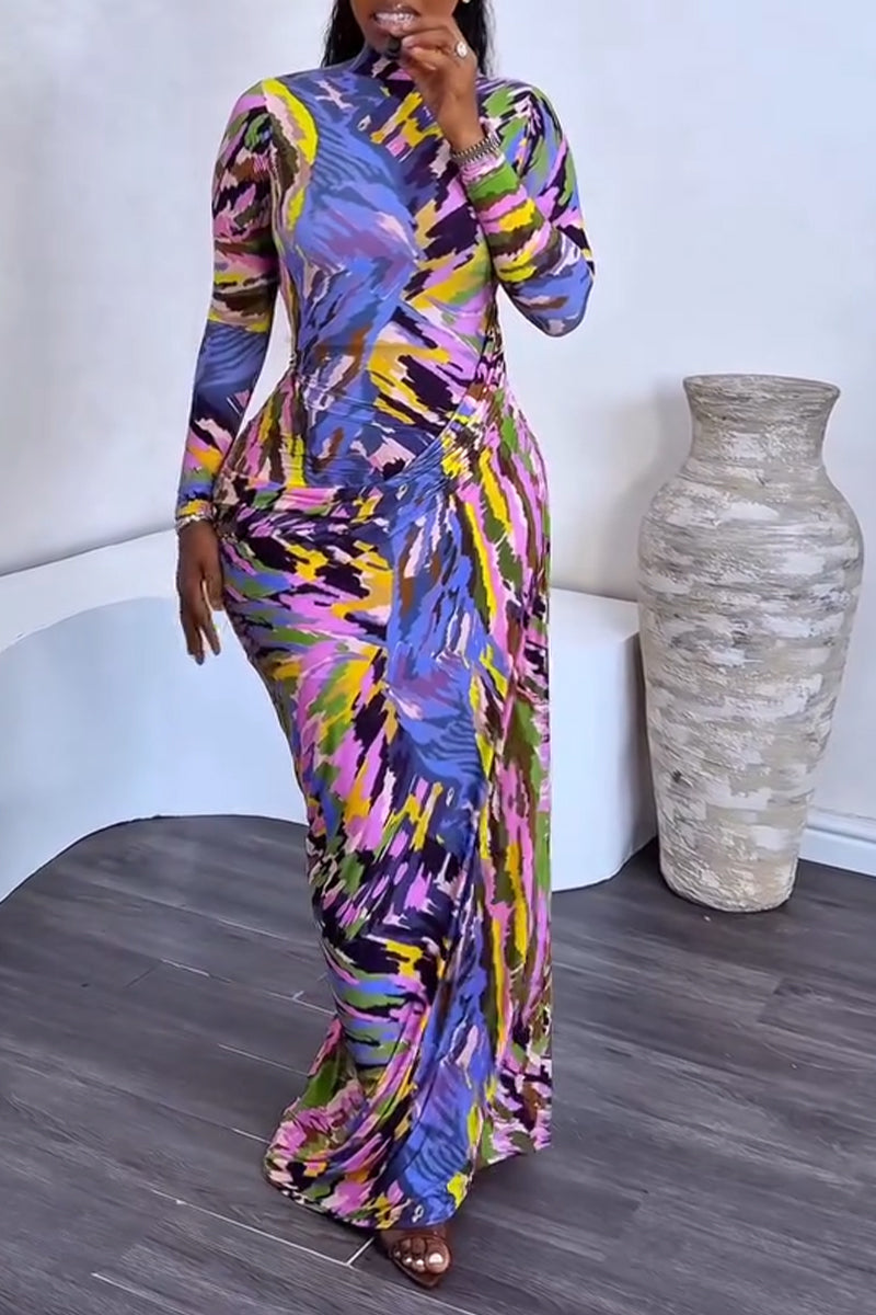Women Round Neck Slim Fit Colorful Elegant Casual Maxi Dresses