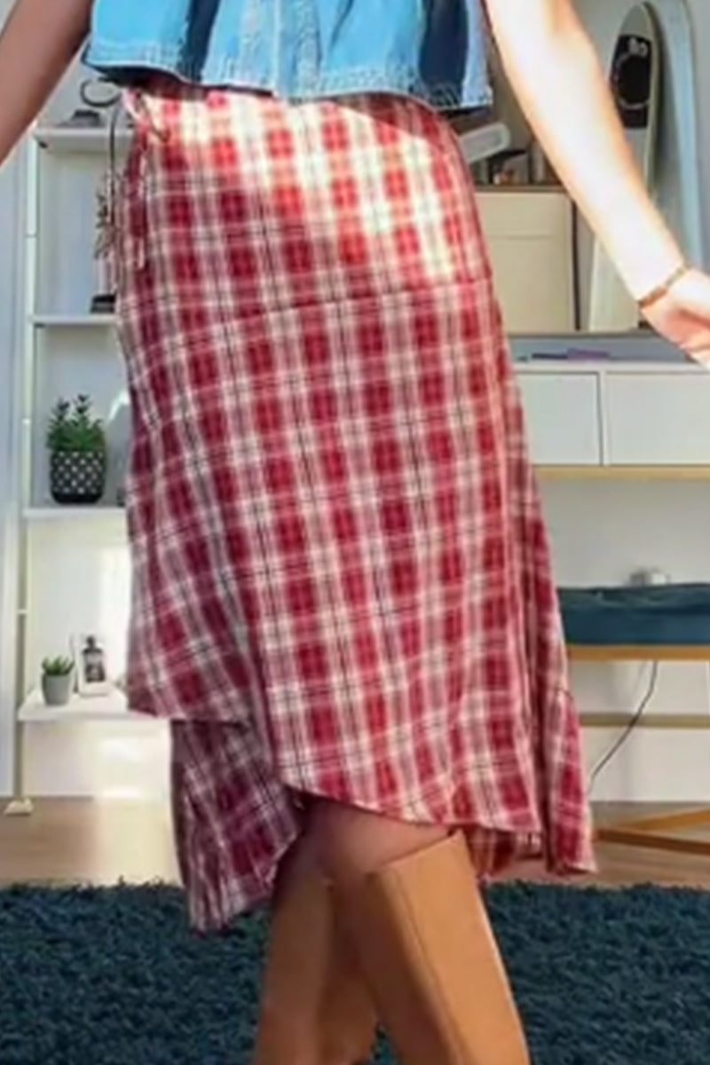 Women's Casual Puff Sleeve Button Front Cropped Denim Shirt With Collar Or Checked Casual Skirt