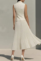 Women Collar Sleeveless Top+ Pleated Skirt Elegant Temperament Commuting Set