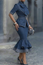 Women's Elegant Blouse With Bow Tie Detail Or Denim Pencil Skirt
