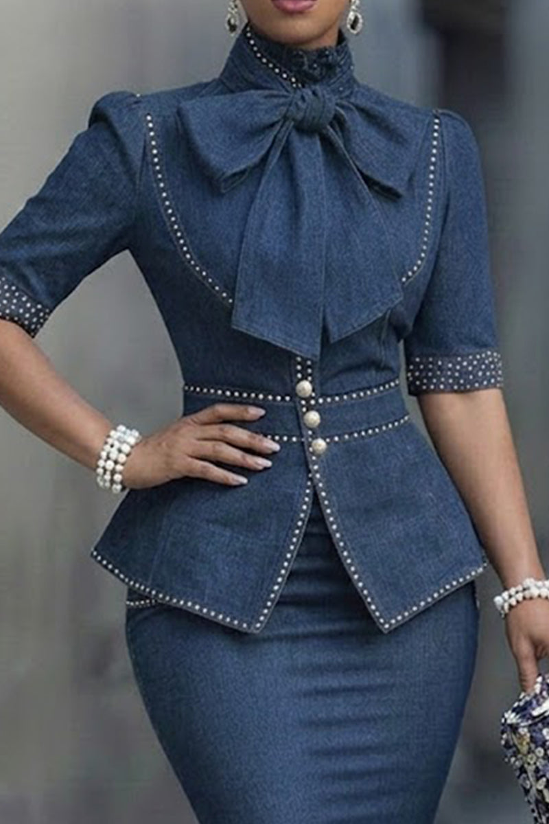 Women's Elegant Blouse With Bow Tie Detail Or Denim Pencil Skirt