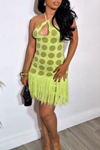 Women's Casual Polka Dot Fringe Hem Knit Stretch Dress