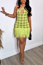 Women's Casual Polka Dot Fringe Hem Knit Stretch Dress