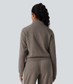 Ribbed Stand Collar Long Sleeve Zipper Color Block Casual Jacket with Pockets