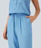 Drawstring Tapered Denim Like Casual Jumpsuit with Pockets