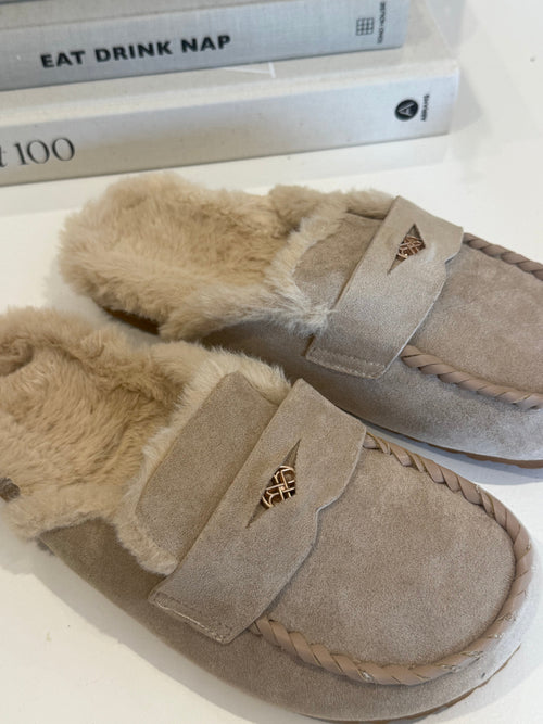 Beige Fluffy Backless Loafers