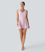 V Neck Sleeveless Decorative 2-Piece Mini Casual Dress with Pocket