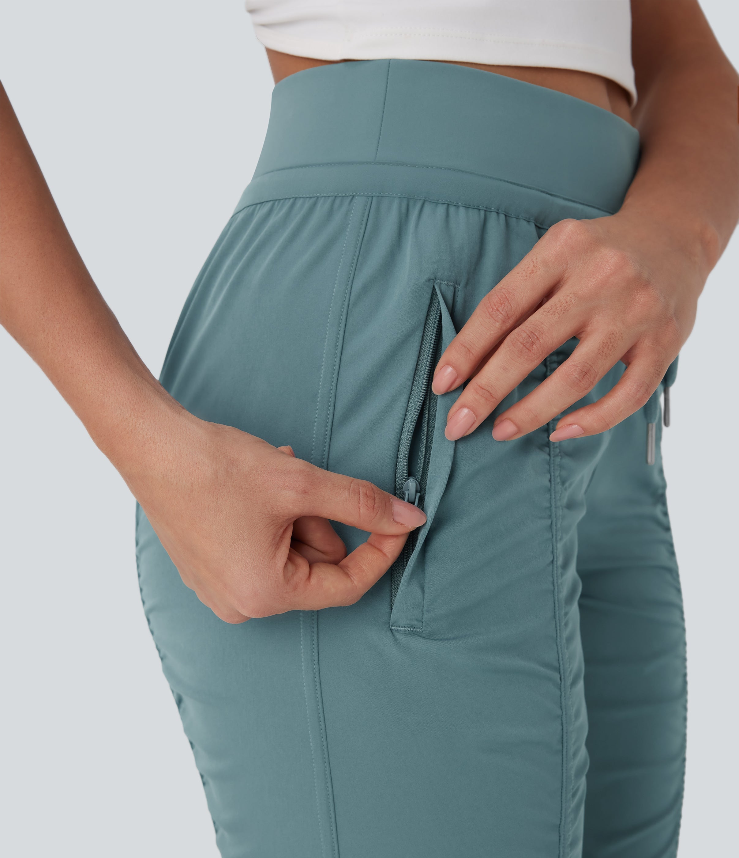 High Waisted Drawstring Tapered Travel Joggers with Side Zip Pockets