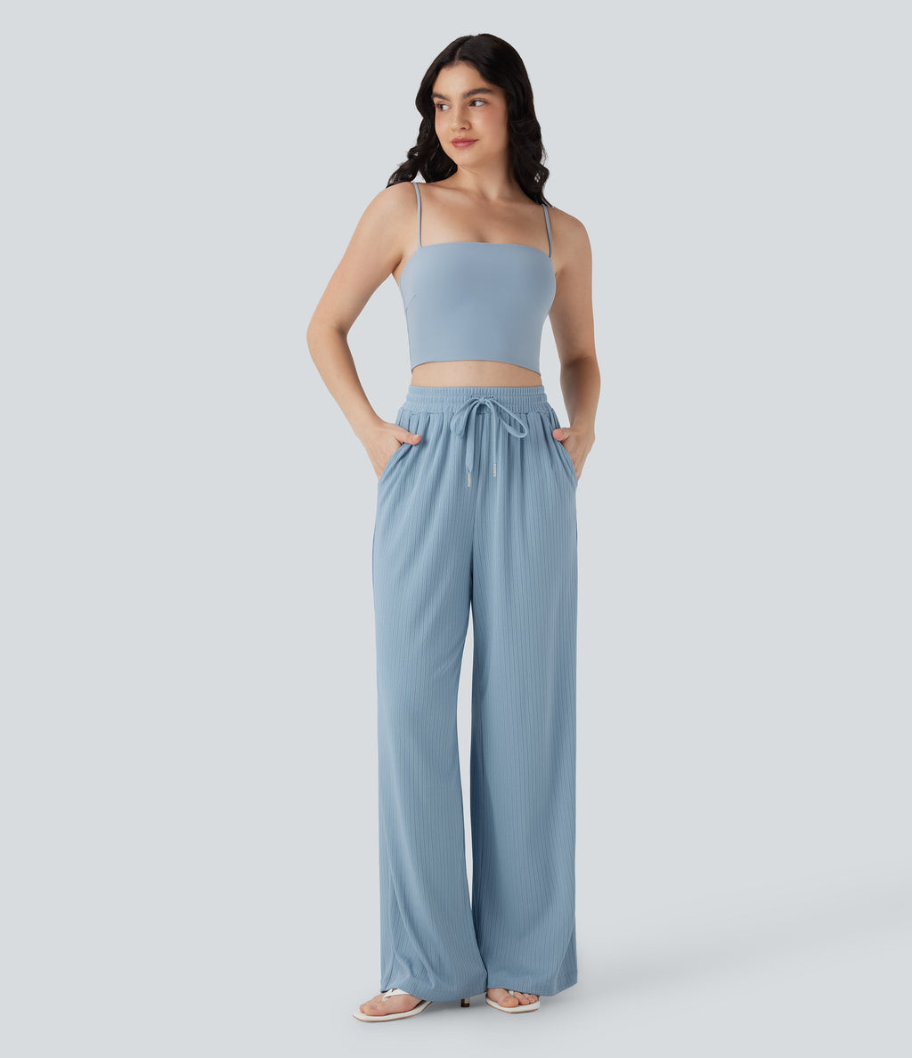 Ribbed Knit High Waisted Drawstring Straight Leg Casual Pants with Pockets