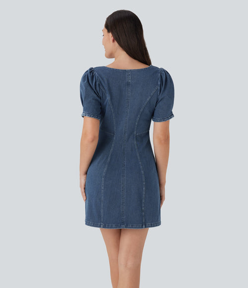 FlexTM Square Neck Short Sleeve Zipper Denim Mini Casual Dress