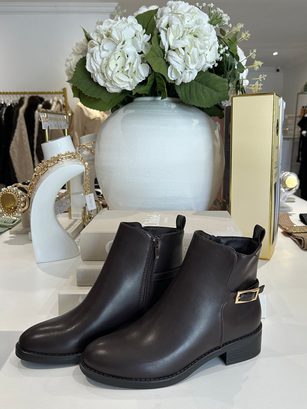 Full Faux Leather Gold Buckle Side Ankle Boots (2 Colours)