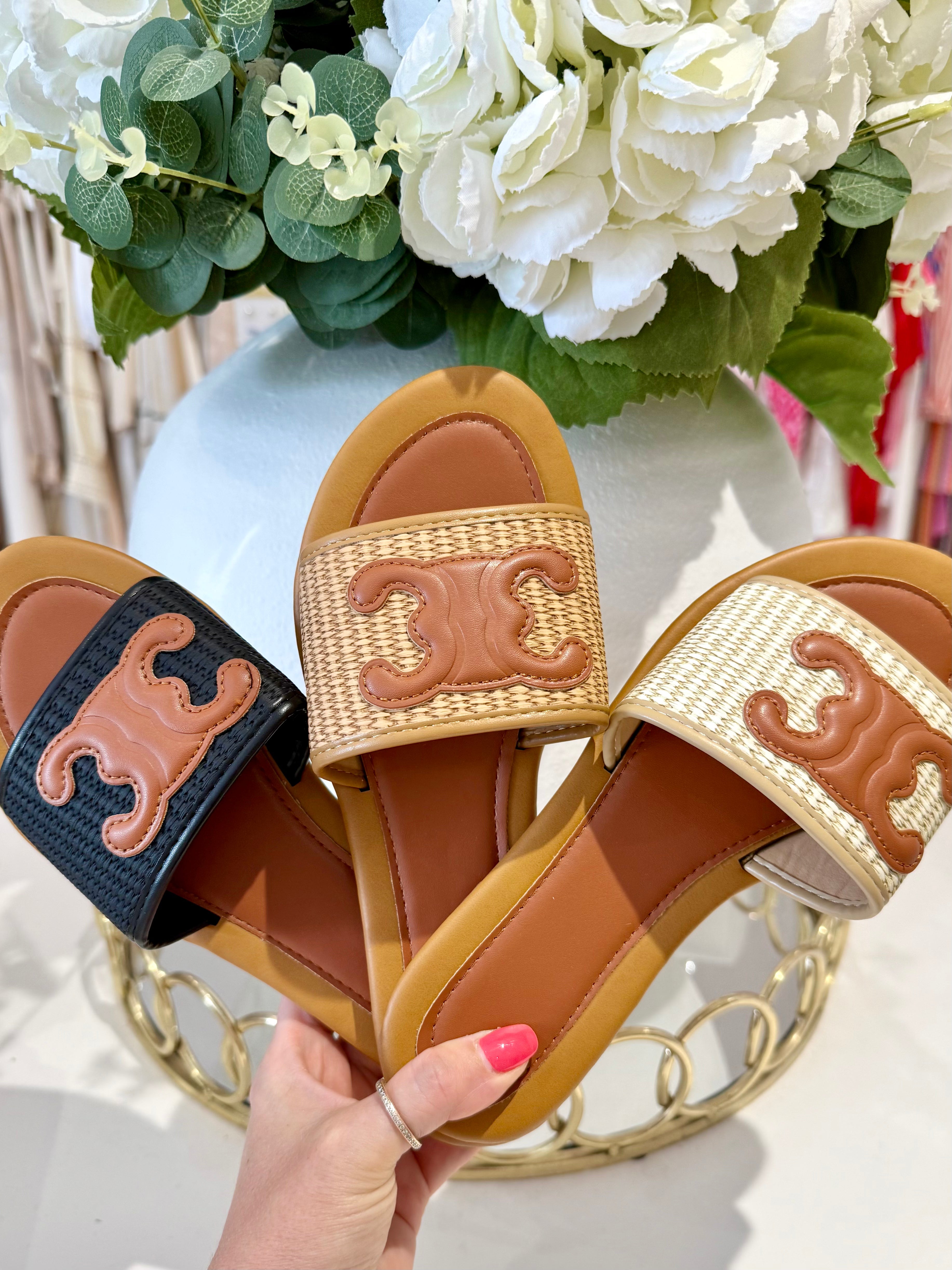 Woven Faux Leather Detail Slider Sandals (3 Colours)