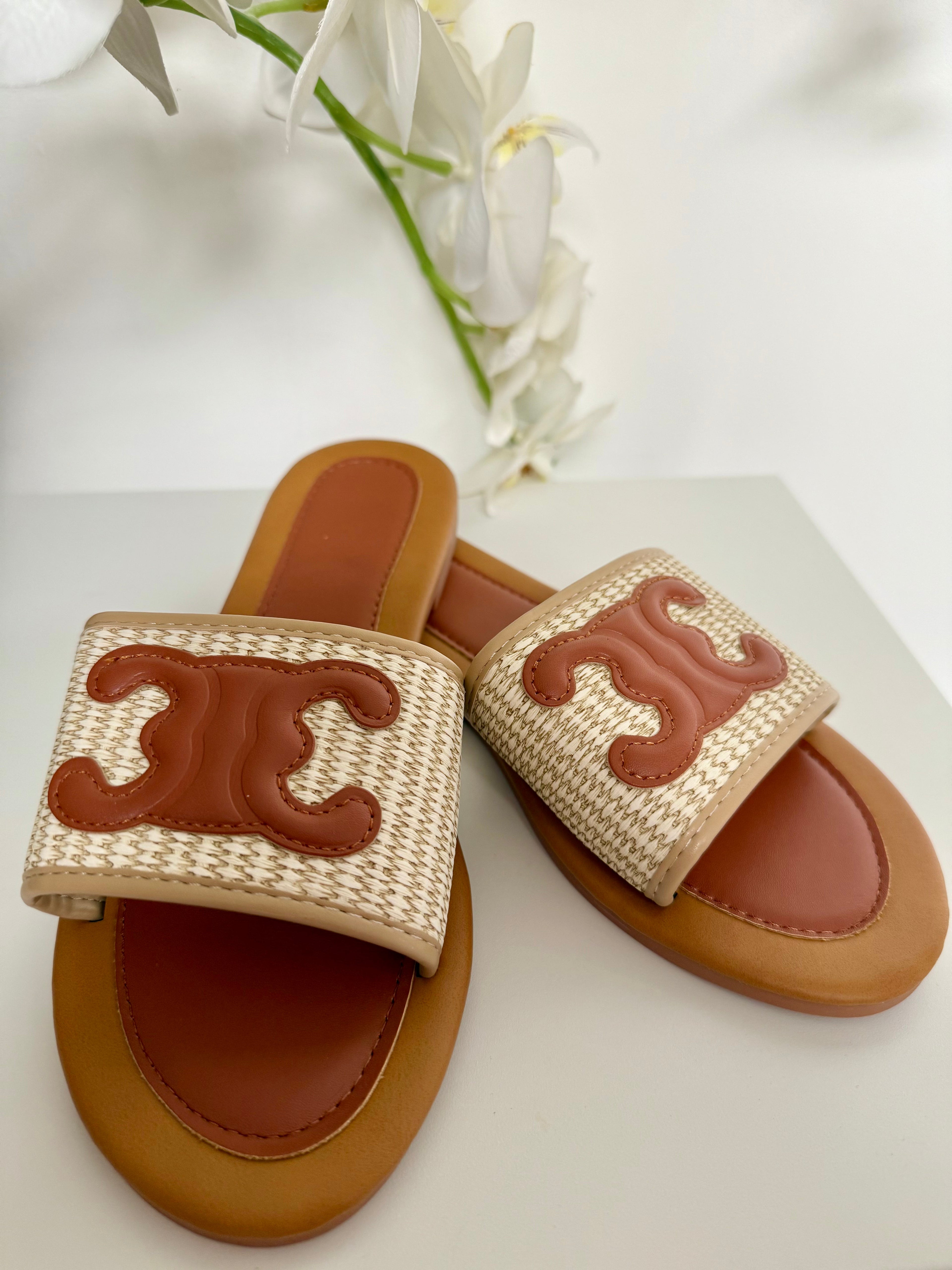 Woven Faux Leather Detail Slider Sandals (3 Colours)