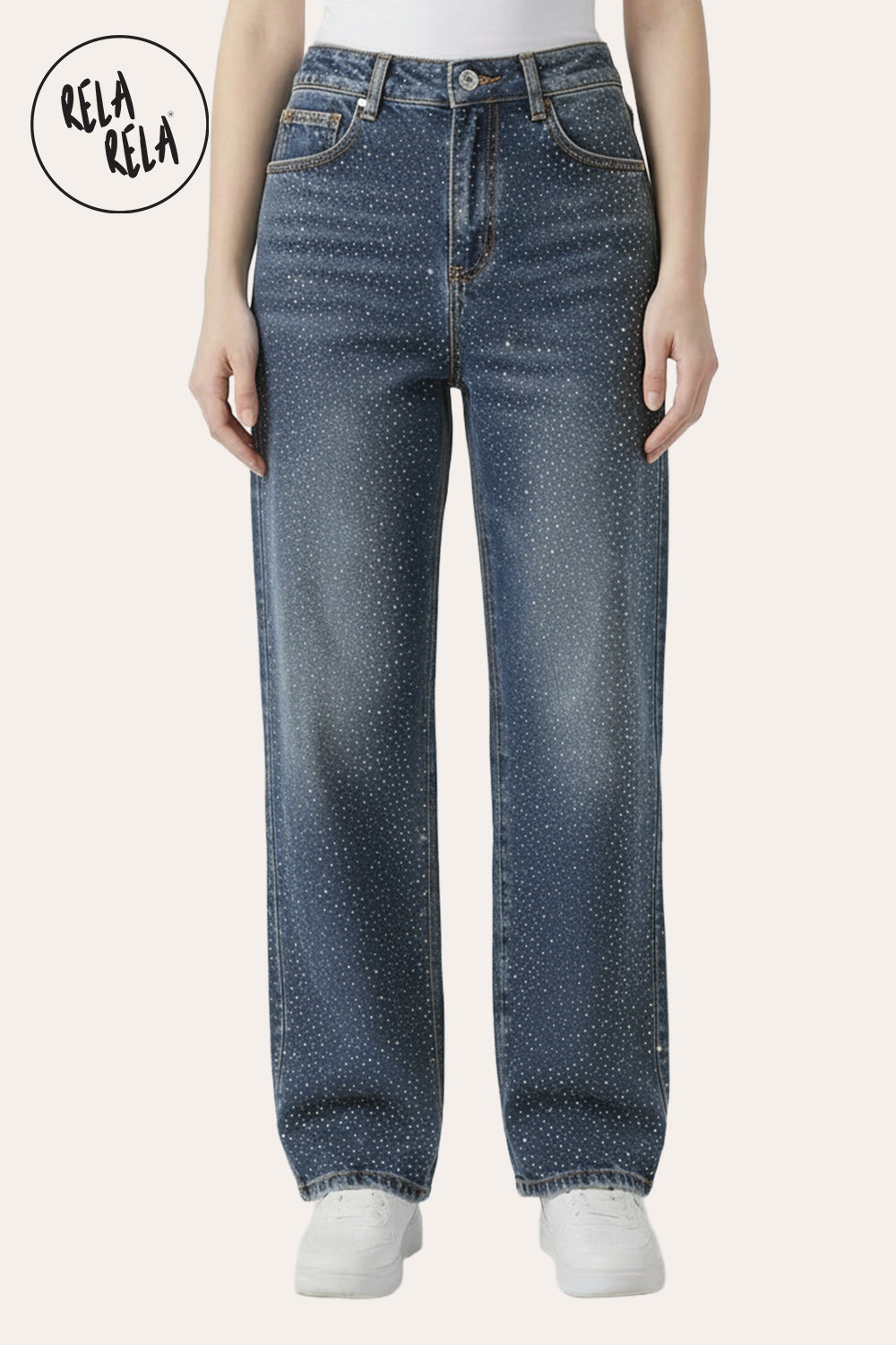 Viral Stretchy Dad Fit Jeans with All-Over Diamantes in Denim Blue