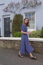 Lesley - Midi Button Wrap Dress - Blue Polkadot