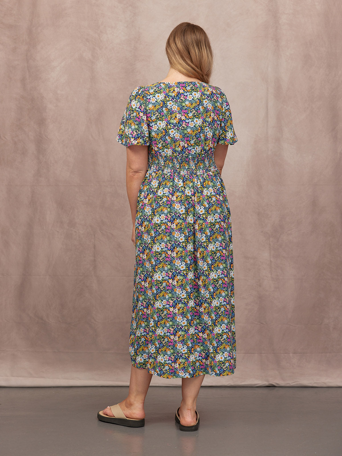 Maddie V-Neck Short Sleeve Dress - Multi-Coloured Floral Print