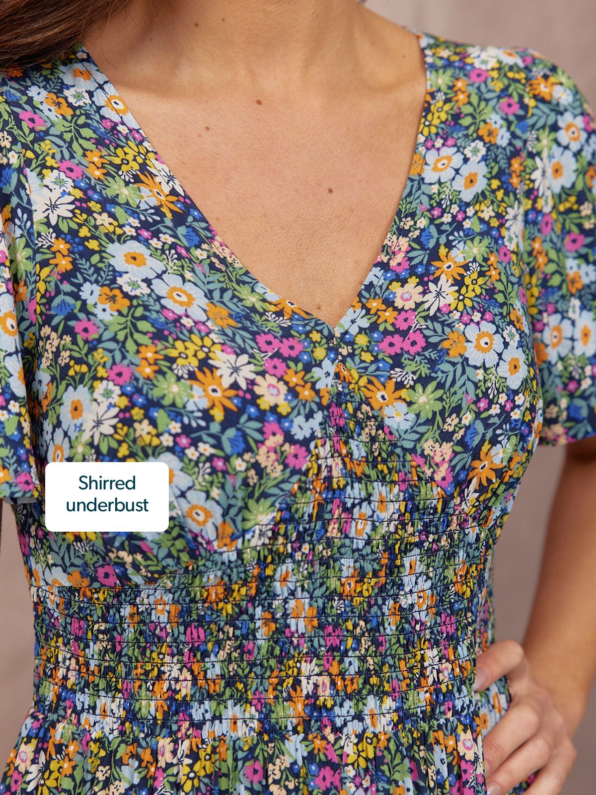 Maddie V-Neck Short Sleeve Dress - Multi-Coloured Floral Print